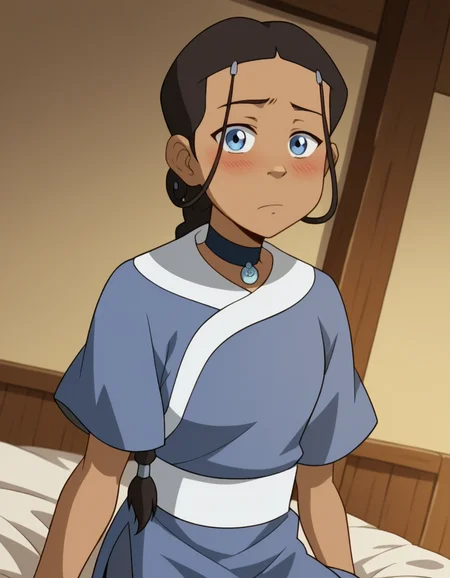 score_9, score_8_up, score_7_up, source_anime, <lora:katara-book2-ponyxl-lora-nochekaiser:1>, katara, long hair, blue eyes, brown hair, black hair, hair ornament, hairclip, braid, single braid, braided ponytail, dark skin, dark-skinned female, choker, short sleeves, robe, blue robe, sash,, indoors, bed, bed room, on side, blush, drunk, looking at viewer, solo, cowboy shot, dutch angle