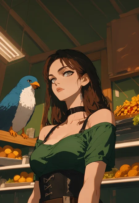 score_9, score_8_up, score_7_up, score_6_up, score_5_up, score_4_up,
<lora:NeonFantasyPonyXL:1> ne0nfant4sy,
1girl, solo, long hair, breasts, looking at viewer, blue eyes, shirt, brown hair, black hair, closed mouth, bare shoulders, medium breasts, collarbone, upper body, short sleeves, food, choker, indoors, belt, off shoulder, grey eyes, lips, black choker, bird, animal, from below, corset, green shirt, off-shoulder shirt, underbust, penguin,