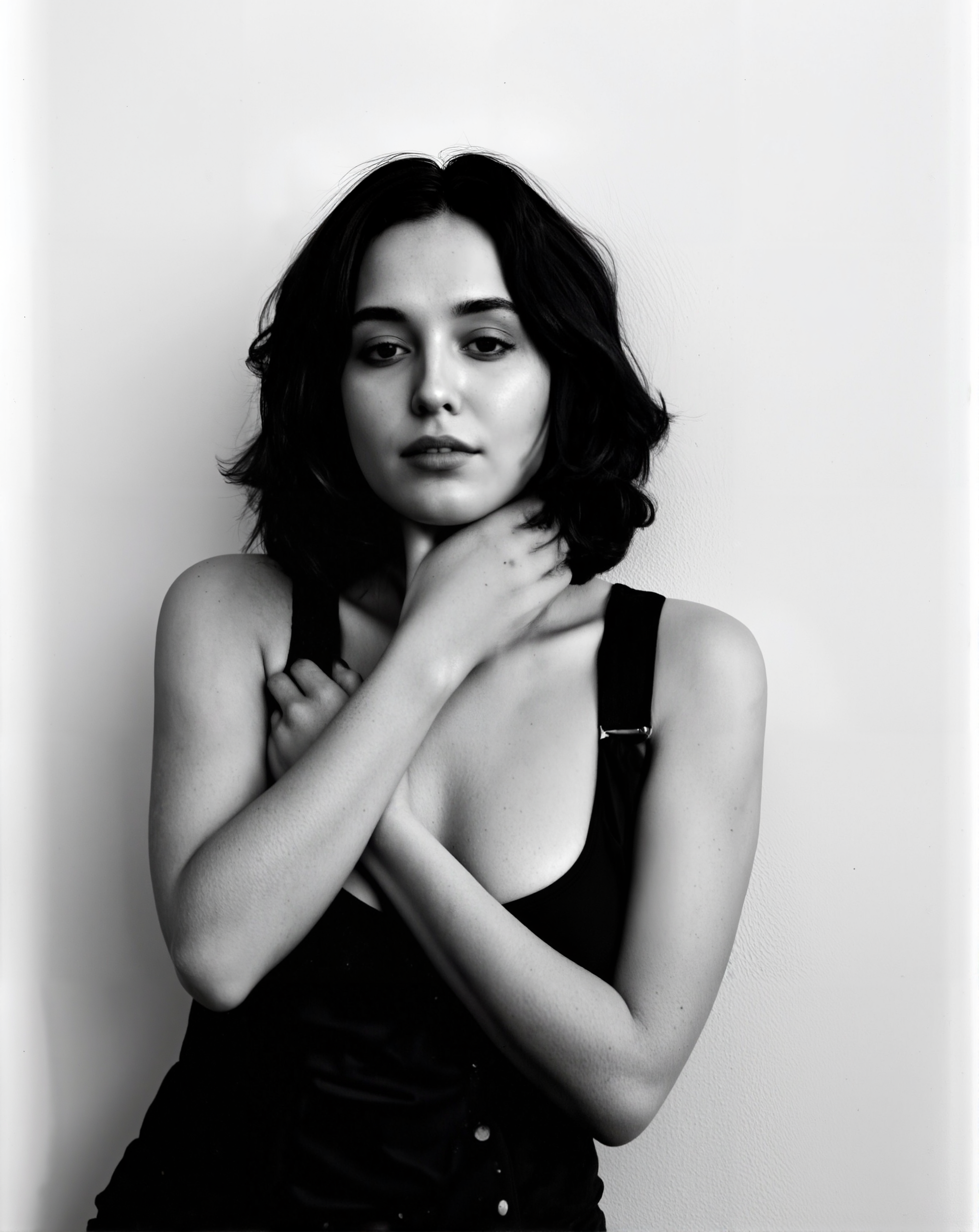 The image is a black and white portrait of a young woman. She is standing with her body slightly turned to the side, with her arms wrapped around her waist. The woman has shoulder-length dark hair that is styled in loose waves and falls over her shoulders. She has a serious expression on her face and is looking directly at the camera. The background is plain and the focus is on the woman's body. The overall mood of the image is sensual and intimate. Ricoh Caplio R5,FPP Dracula 64 BW, , film grain, cinematic, Depth of field, stereogram, best quality, light particles, highly_detailed, very_aesthetic, golden hour, beautiful_and_aesthetic, vintage photo.