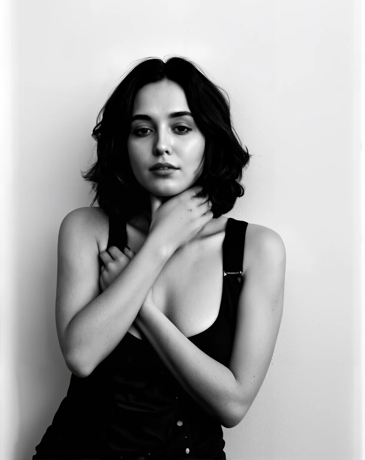 The image is a black and white portrait of a young woman. She is standing with her body slightly turned to the side, with her arms wrapped around her waist. The woman has shoulder-length dark hair that is styled in loose waves and falls over her shoulders. She has a serious expression on her face and is looking directly at the camera. The background is plain and the focus is on the woman's body. The overall mood of the image is sensual and intimate. Ricoh Caplio R5,FPP Dracula 64 BW, , film grain, cinematic, Depth of field, stereogram, best quality, light particles, highly_detailed, very_aesthetic, golden hour, beautiful_and_aesthetic, vintage photo.
