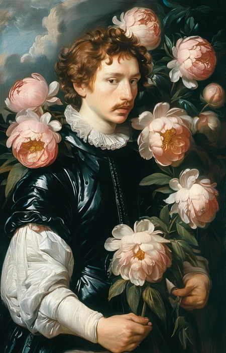 masterpiece,best quality,<lora:tbh218-sdxl:0.9>,illustration,style of Anthony van Dyck decaying peonies