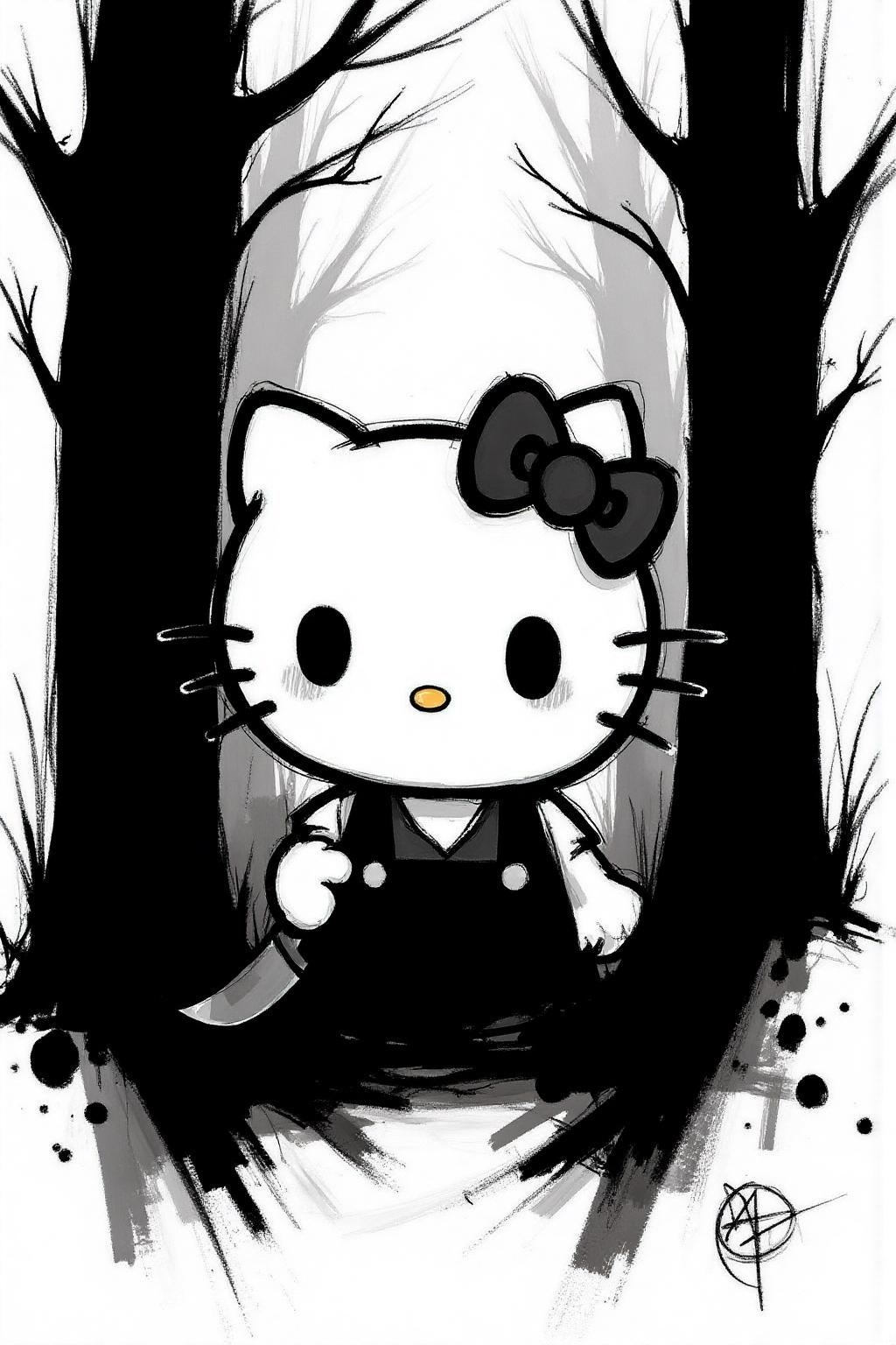 regr1 sketch Hello Kitty in the middle of the forest holding a knife, the atmosphere and the character looks scary, Hello Kitty is hidden by the shadows The background is stark white. <lora:regr3_shoujo_nocap_d6a3:0.9><lora:808047601095223721:0>