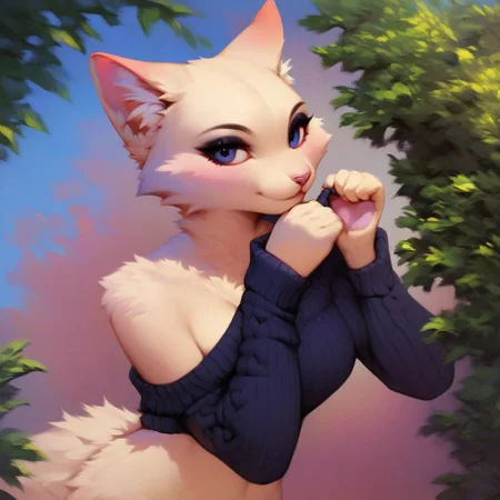 (score_9, score_8_up, score_7_up), source_anime, perfect anatomy, digital_media_(artwork) hi_res, rating_safe, beautiful, intricate, high quality details, highly detailed, amazing quality, anthro, furry, female, furry female, detailed textured fur, fur tufts, fluffy, slim, slender, cute, small, detailed sexy eyes, solo, SFW, cat, long sweater, baggy denim jeans, bald, absurdres, highres, goth, heavy eyeliner, heavy eye shadow, breasts, Zyrnox-Exoterra Style