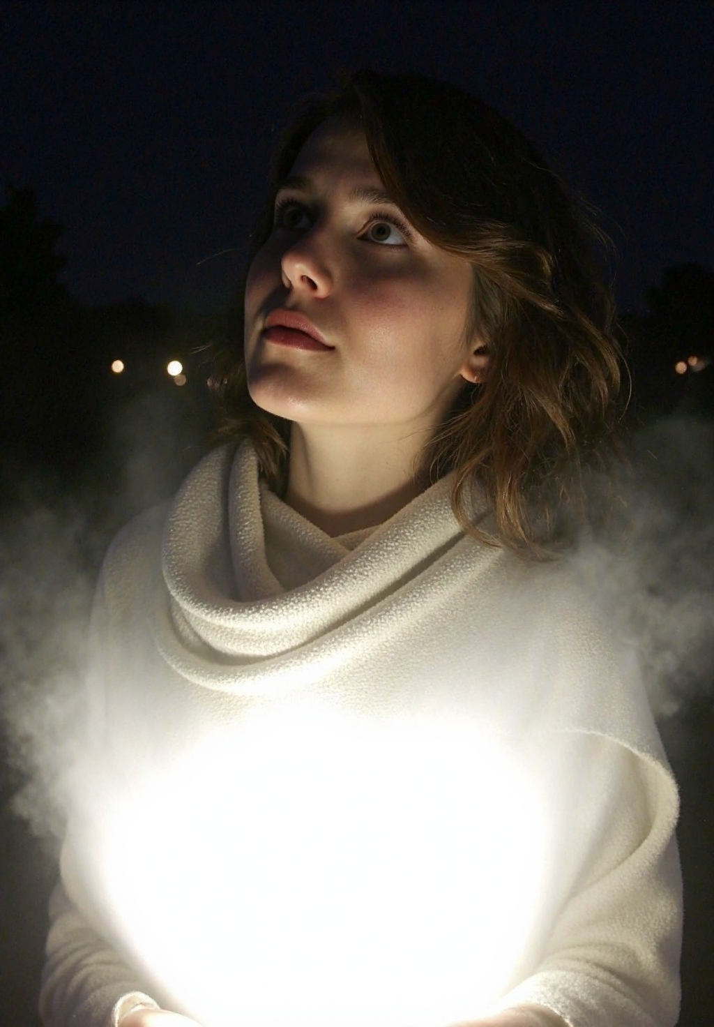 d1g1cam, Woman in early 30s, fair-skinned, slim build, shoulder-length wavy brown hair, wearing a light flowing scarf wrapped around her head and neck, delicate facial features, gazing upwards with serene expression, soft glowing highlights on cheekbones and nose, outdoor nighttime setting, surrounded by diffused ambient light, bright ethereal white light source in background, slight halo effect around edges, eyes subtly reflective, high-key lighting emphasizing contours, contrast between illuminated face and darker background, soft cinematic glow enveloping subject, slightly desaturated tones enhancing classic aesthetic, realistic filmic portrait, diffused glowing light style, sharp focus on face, blurred dreamy background, high-quality photography