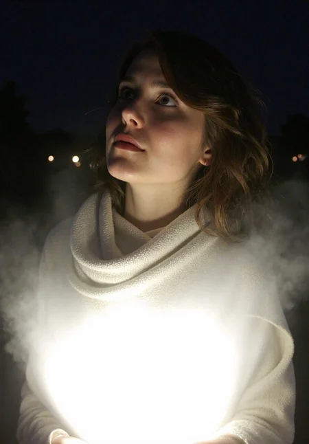 d1g1cam, Woman in early 30s, fair-skinned, slim build, shoulder-length wavy brown hair, wearing a light flowing scarf wrapped around her head and neck, delicate facial features, gazing upwards with serene expression, soft glowing highlights on cheekbones and nose, outdoor nighttime setting, surrounded by diffused ambient light, bright ethereal white light source in background, slight halo effect around edges, eyes subtly reflective, high-key lighting emphasizing contours, contrast between illuminated face and darker background, soft cinematic glow enveloping subject, slightly desaturated tones enhancing classic aesthetic, realistic filmic portrait, diffused glowing light style, sharp focus on face, blurred dreamy background, high-quality photography