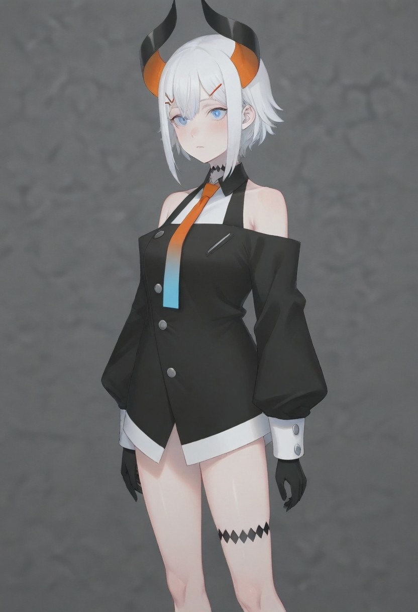 masterpiece, best quality, amazing quality,,, shiny skin,,,,,,,,nijilevi,,blue eyes,white hair,horn,pail skin,short hair,hairclip,nijilevicos,collared shirt,bare shoulder,gradient necktie,puffy long sleeves,white cuffs,black gloves,single thigh strap,