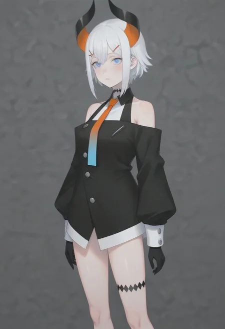 masterpiece, best quality, amazing quality,,, shiny skin,,,,,,,,nijilevi,,blue eyes,white hair,horn,pail skin,short hair,hairclip,nijilevicos,collared shirt,bare shoulder,gradient necktie,puffy long sleeves,white cuffs,black gloves,single thigh strap,