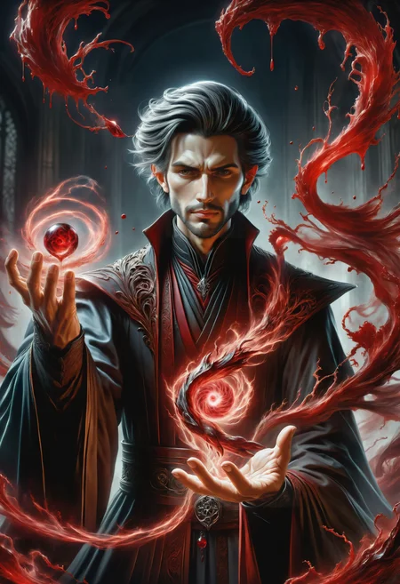 hyper detailed masterpiece, dynamic, awesome quality, a male conjurer summoning windy blood DonMM4g1cXL magic, <lora:DonMM4g1cXL_v1.2:1>, Perfect Hands, <lora:Perfect Hands:1>
