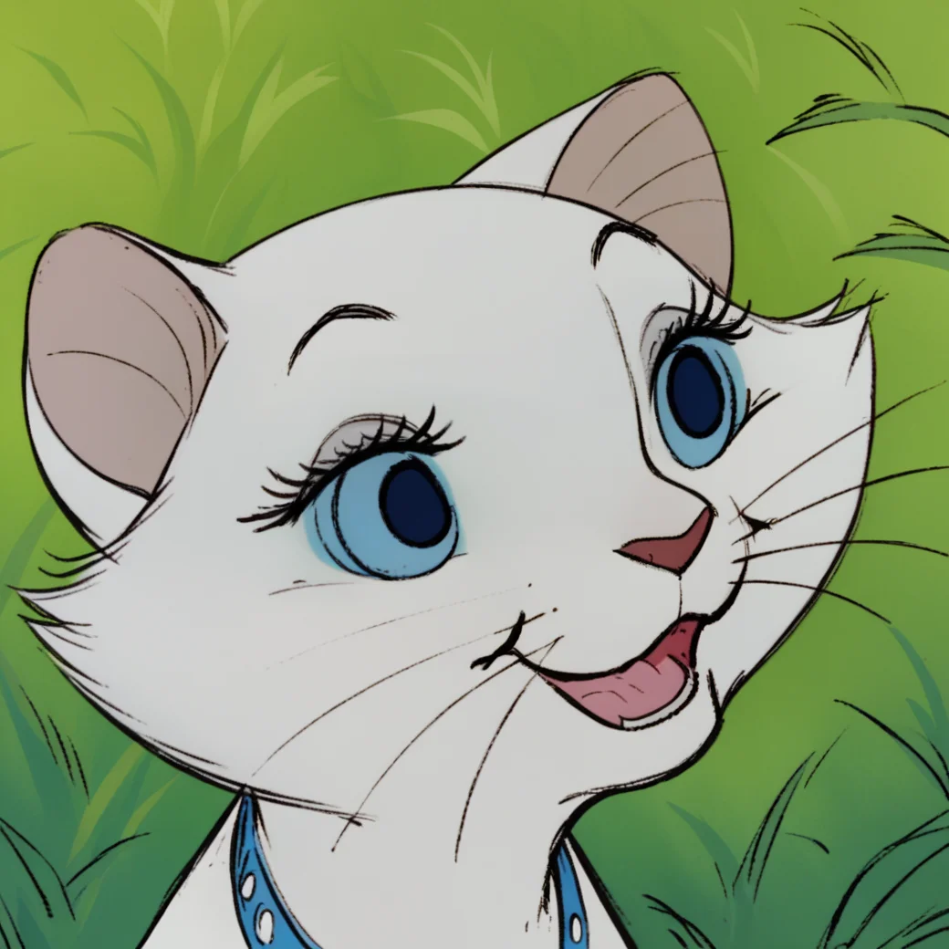 score_9, score_8_up, score_7_up, score_6_up, score_5_up, score_4_up, <lora:Duchessartistrocats:1>, 1girl, duchesscat, solo, smile, open mouth, blue eyes, eyelashes, no humans, animal, grass, close-up, cat, white fur, cat ears, blue sclera, whiskers, body fur, black eyes