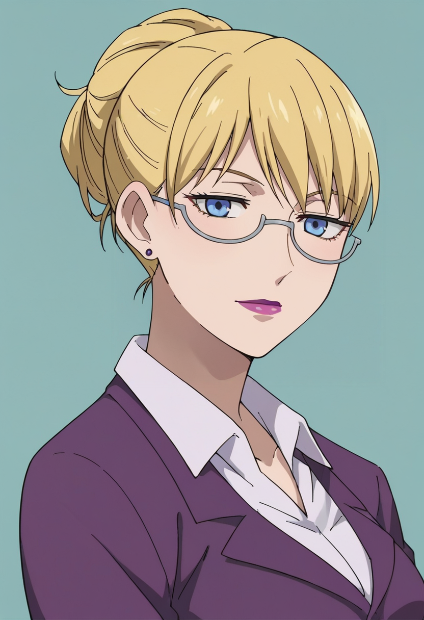score_9,score_8_up,score_7_up,score_6_up,score_5_up,score_4_up,anime coloring,source_anime,<lora:Brita_Darker_than_Black_Pony:0.8>,brita,1girl,solo,blue eyes,blonde hair,hair up,glasses,earrings,lipstick,dress shirt,purple jacket,multicolored background,portrait,upper body,looking at viewer,