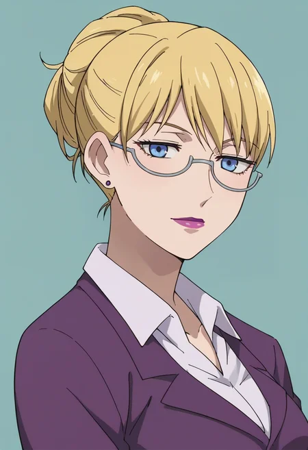 score_9,score_8_up,score_7_up,score_6_up,score_5_up,score_4_up,anime coloring,source_anime,<lora:Brita_Darker_than_Black_Pony:0.8>,brita,1girl,solo,blue eyes,blonde hair,hair up,glasses,earrings,lipstick,dress shirt,purple jacket,multicolored background,portrait,upper body,looking at viewer,
