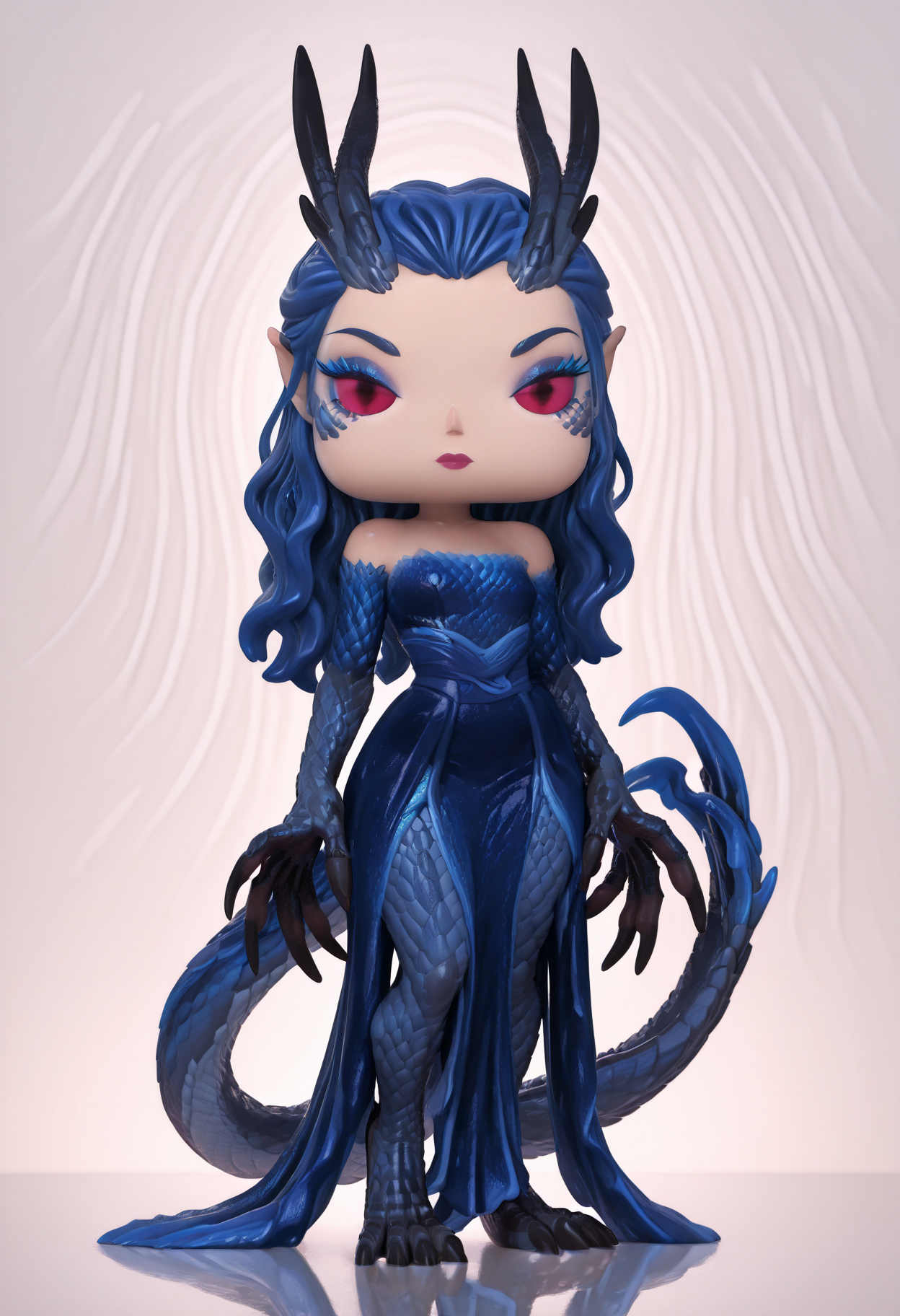 masterpiece, best quality, amazing quality,  funkopop, <lora:funkoPopIllustrious:1.1>, solo, 1girl,
<lora:aorunIllstrious3:1> aorun, scales, makeup, bare shoulders, pointy ears, dress, claws