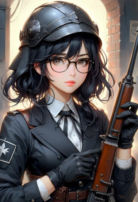 FFROA, 1girl, a soldier, victorian rifle, perfect face, black gloves, iron helmet, ss uniforms, black messy hair, spy, glasses,
