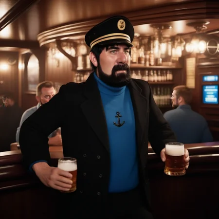 cinematic photo a man ,black hair, blue shirt, black jacket, blush, black pant, facial hair, aving a beer in a cruiseboat pub <lora:Haddock1024:0.8> . 35mm photograph, film, bokeh, professional, 4k, highly detailed