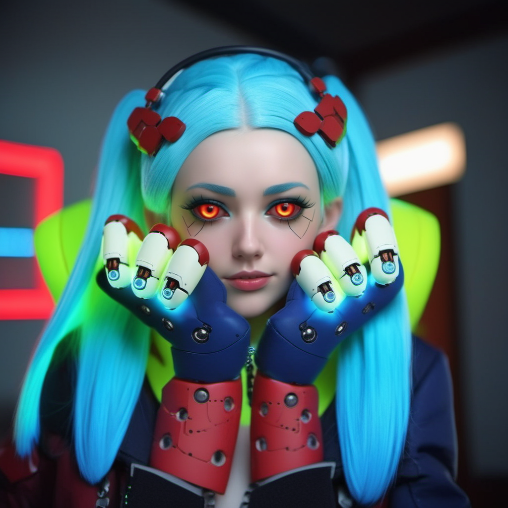 a woman, ligh blue hair, long pigtails, red tatttoos, wears a jacket, headphones, robotic big fists, having a beer in a pub, highly detailed, photography, ultra sharp, film, bokeh, professional, 64k <lora:Rebecca1024:0.8>