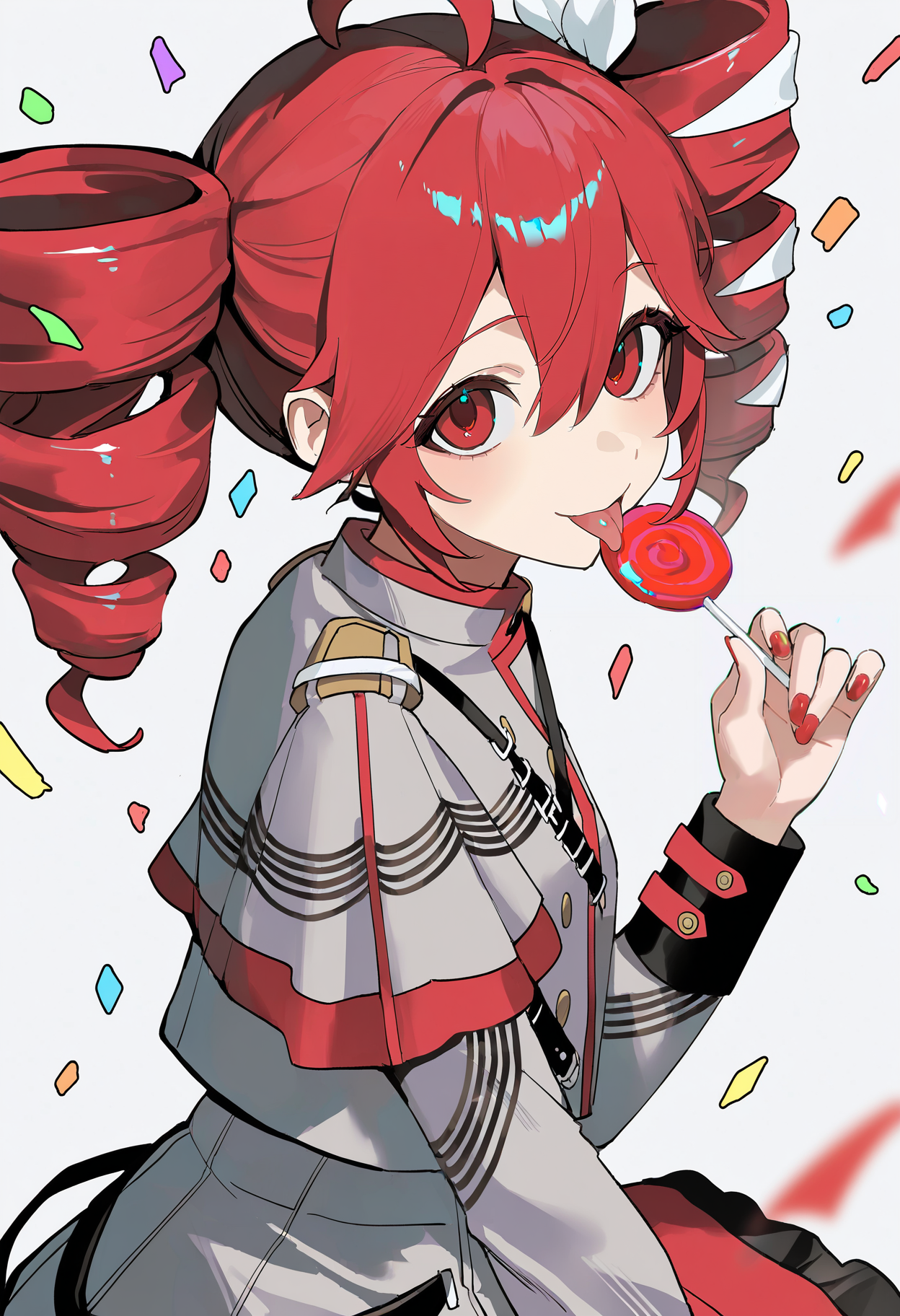 very awa, masterpiece, best quality, newest, absurdres, highres, 1girl, kasane teto \(sv\), lollipop, licking, :p, smile, cowboy shot, looking at viewer, facing to the side, confetti, white background, close-up, <lora:artist_cococolacake_vpred_v1-1:1>