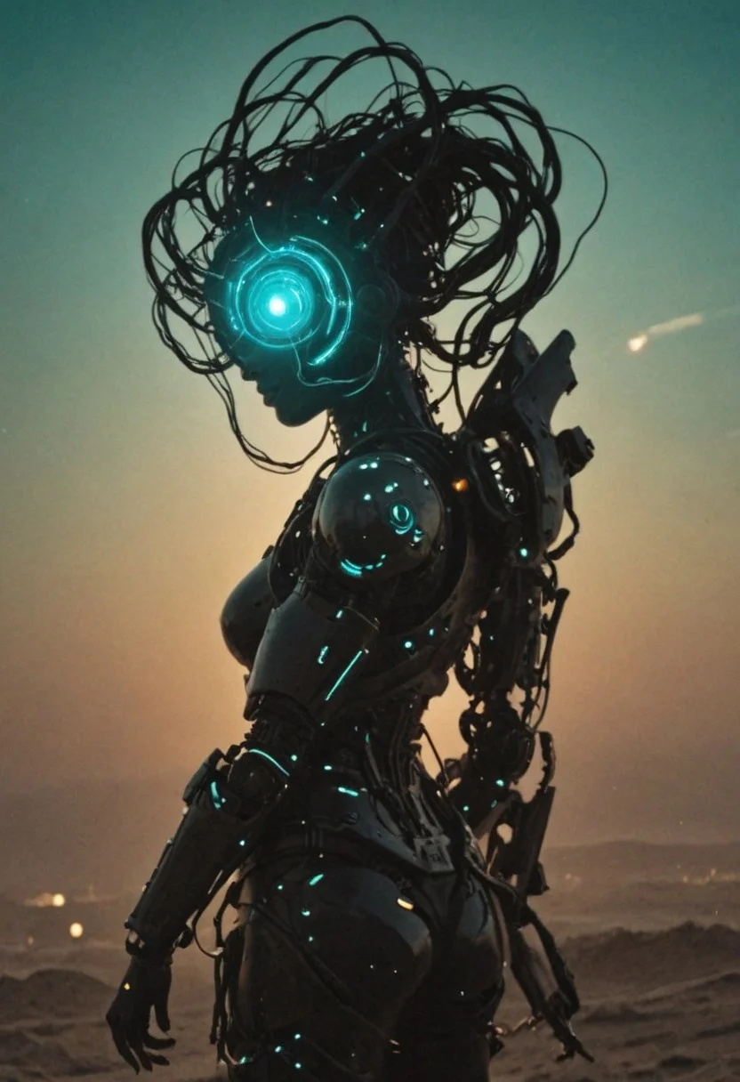 Closeup Silhouette of a female buxom charming wired-cyborg infront of a eternal sunlike turquoise eye, heavy armored, black skin,