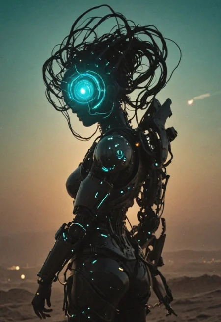 Closeup Silhouette of a female buxom charming wired-cyborg infront of a eternal sunlike turquoise eye, heavy armored, black skin,