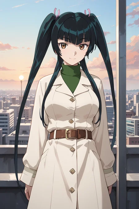 score_9, score_8_up, score_7_up, , score_ANIME,wangliumei, 1girl, , solo, brown eyes, long hair, dark green hair, coat, belt, twintails, sidelocks, hair ribbon, looking at viewer, blunt bangs, long sleeves, turtleneck sweater, closed mouth,, standing<lora:wangliumei2_pony:1>, evil smile, sunset, city lights, cowboy shot, rooftop, large breasts,