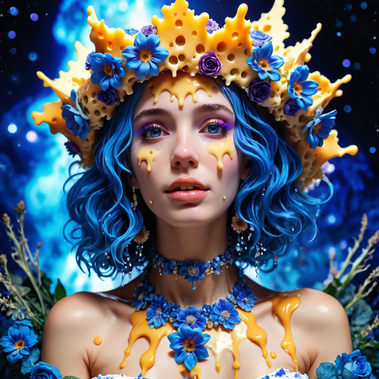 Jed-Drpgcese, masterpiece, full of details <lora:DrippingCheeseStyle-000006:0.8>, 1990'S Space (Anastasiya:1.1) , feeling very crazy, surreal, blue Flower Crown, Superficial Necklace, Wide view, Lunarpunk, 35mm, detailed face, pixiv, intricate, ambient background, fabulous colors, exquisite color, beautiful detailed, grand illumination, glowing, detailed, creative