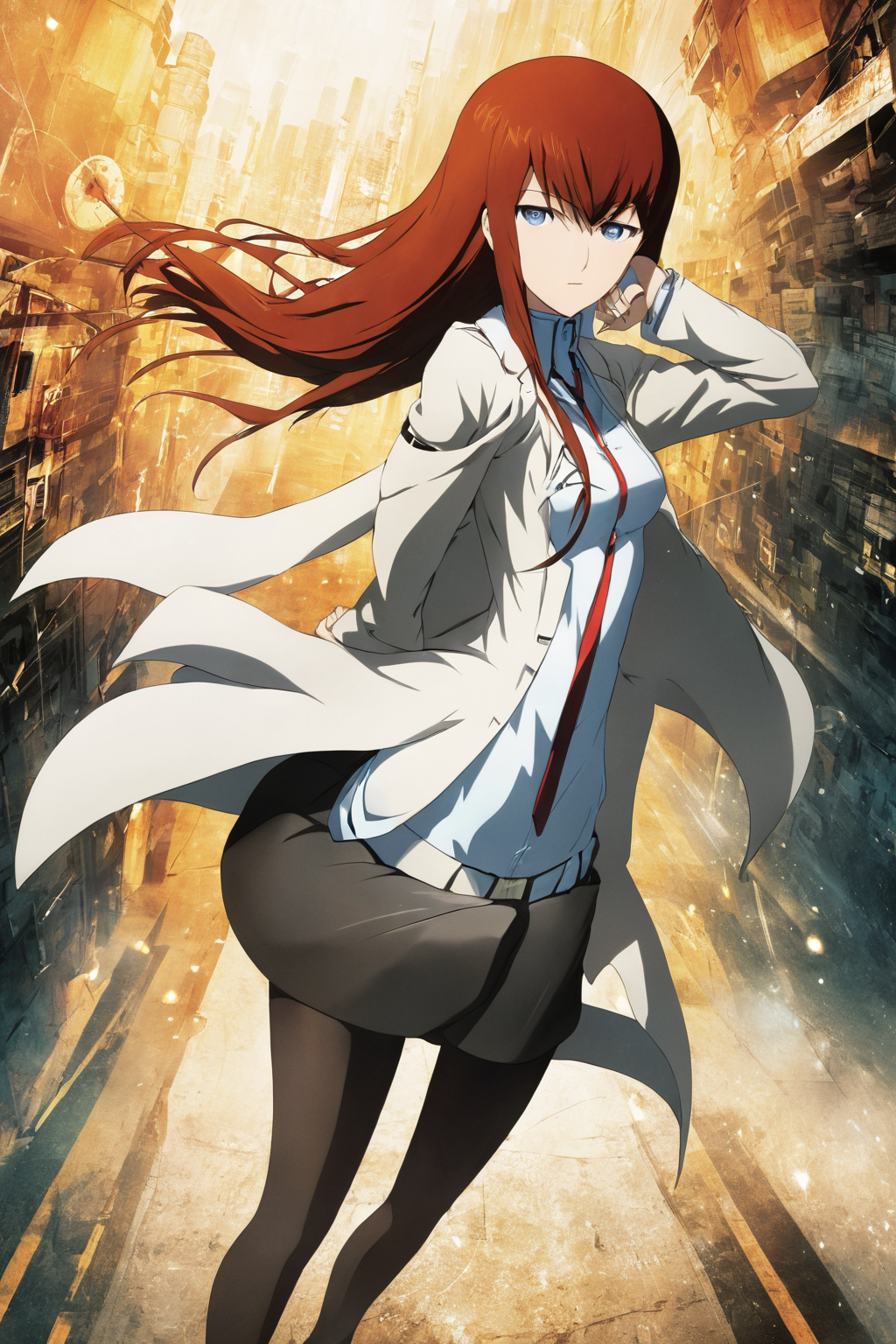 Movie cover, Steins;Gate, Kurisu Makise <lora:kurisu_makise_v0.0.1:1>, action pose, vivid, solo, laboratory, time traveling, detailed background, masterpiece, best quality, high quality, absurdres