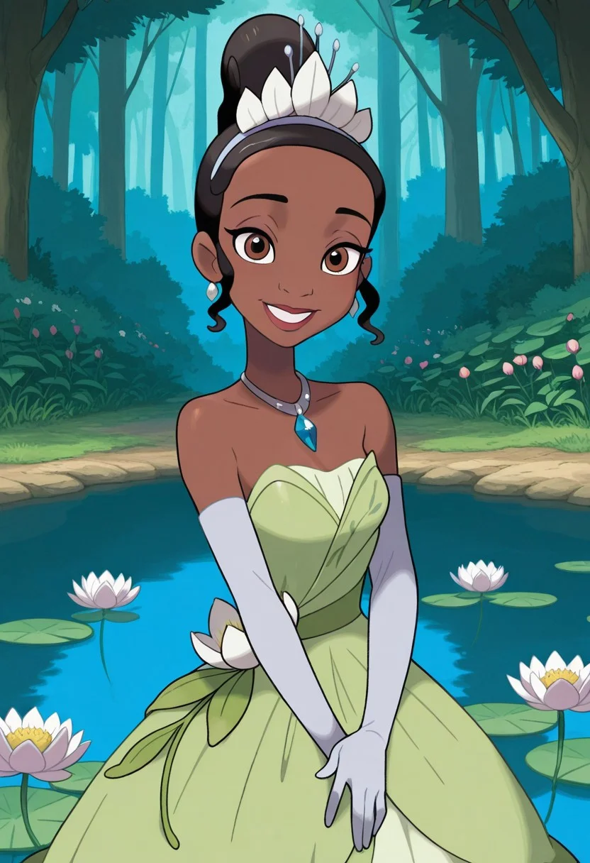 masterpiece, best quality, amazing quality, very aesthetic, absurdres, newest, detailed background, 4k, 8k, outdoors, official style, looking at viewer, pond, forest, flowers, lilypad, sugimori, jaggy lines,
tianaxd, 1girl, dress, solo, dark skin, dark-skinned female, gloves, brown eyes, jewelry, elbow gloves, necklace, flower, earrings, green dress, bare shoulders, smile, strapless, very dark skin, single hair bun, black hair,
<lora:Tiana_-_Disney_Illustrious:1>