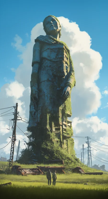 masterpiece, best quality, good quality, very aesthetic, absurdres, newest, solo, 1boy, standing, outdoors, sky, pants, day, cloud, blue_sky, grass, plant, scenery, realistic, wide_shot, giant, ruins, power_lines, dirty, utility_pole, damaged, statue, ambiguous_gender, surreal, overgrown, post-apocalypse, photorealistic, rust <lora:ponyv6_noobV1_2_adamW-000017:0.7> <lora:USNR_STYLE_XL_lokr:0.45>