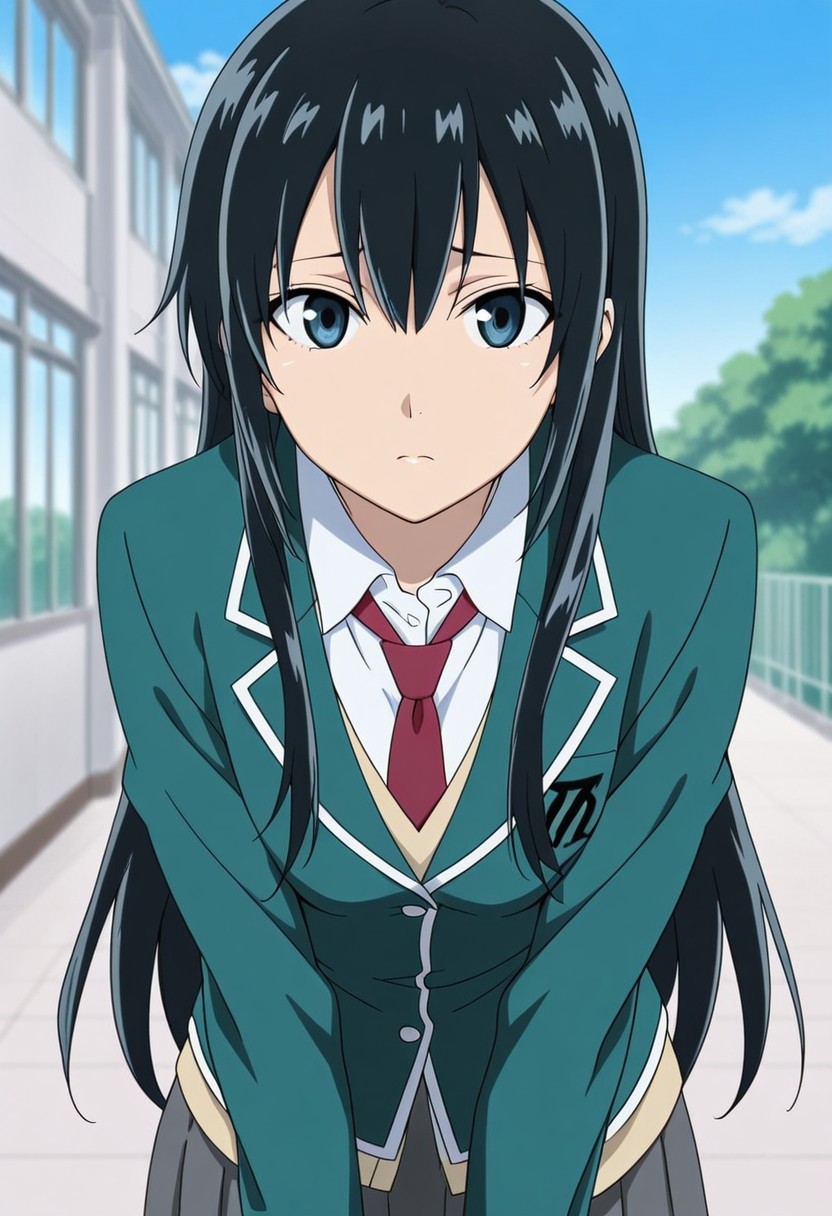 masterpiece, very aesthetic,8k,masterpiece, best quality, aoikuni, bezzschooloutfit, green jacket, white shirt, skirt, necktie, 1girl, solo, school uniform, long hair, blue eyes, black hair, anime coloring, jacket, sobu high school uniform, parody, window, blazer, shirt, looking at viewer, sky, white shirt,
, impressionism 1.5, high detail, depth of field, blurred background, dramatic lighting, outdoors,  ,SmoothNegative_Hands