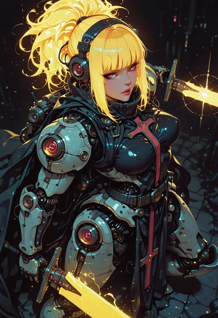masterpiece, best quality, good quality, very aesthetic, absurdres, newest, 8K, depth of field, focused subject, in the style of cknc, artist:moriimee, in the style of cksc, BREAK stunning female sci-fi cyborg female angel, long bioluminescent glowing hair, bangs, medium perky breasts, templar armour with tabard emblazoned with a crusader cross, robot arms and joints, armour, greaves, vambraces, holding large glowing sword sparking with energy, dynamic pose, dark background with swirling motes of light, golden hour, directional lighting, viewed from above