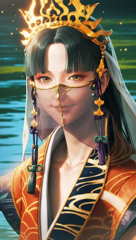 score_9,score_8_up,score_7_up,
<lora:Yoshiro:0.9>,
yoshirogoddess,
realistic,
1girl,solo,
black hair,long hair,hime cut,
yellow eyes,hikimayu,looking at viewer,smile,
ornate gold headdress,veil,jade,intricate traditional robe,red ribbon,detailed and traditional design,
portrait,
blurry background,bloom,lens flare,shimmering water background reflecting sunlight,lake,light particles,