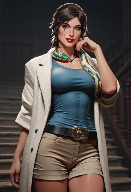 score_9,score_8_up,score_7_up,score_6_up, Expressiveh,Jed-LraC ,Lara Croft , A tight tank top, short shorts, combat boots, belt, tomb raider, super detailed, super high resolution, 1girl, solo, looking at viewer, indoors, ornate wooden stairs, <lora:Snake_on_Shoulders:0.8> sn4k3, 1snake, cowboy shot, snake on shoulders, draped around shoulders, head resting in hand, white fur coat, fluffy coat, makeup, night time, smirk, red lipstick,, masterpiece, best quality, good quality, newest