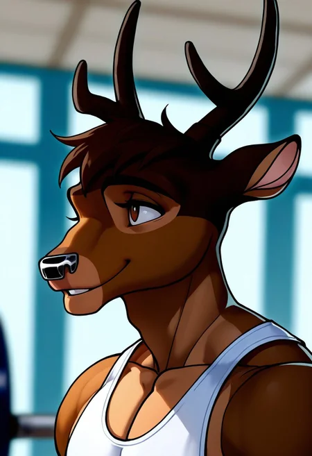 <lora:Bambi_KappaX:1>, bambi, kappaX, deer, antlers, light brown fur, brown eyes, perfecteyes, short hair, furry male, furry, solo, 1boy, anthro, muscular, bara, athletic build, large pectorals, beautiful, hyper-detailed, depth of field, highres, absurdres, HD, very aesthetic, high sharpness, beautiful vibrant colors, dynamic angle, semi-realistic lighting, detailed background, gym, white tank top, dolphin shorts, face focus, close up, portrait, smile, teeth, (artist:syuro:0.8), (artist:nomax:0.5), (artist:honovy:0.6), (artist:kenket:0.6), (artist:taran fiddler:0.6)