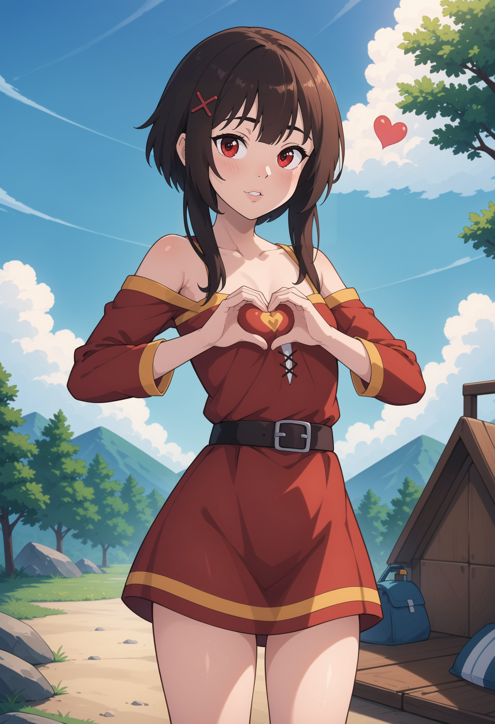 score_9,score_8_up,score_7_up,score_6_up,score_5_up,score_4_up,source_cartoon,1girl,solo,konosuba,megumin,heart-shaped hand,heart boob,hands on boob,standing,red dress,small breasts,black hair,outdoors,camp,hand,fingers,<lora:Heart-shaped_Hands_Boob:0.6>,<lora:GemAnimePony:0.6>