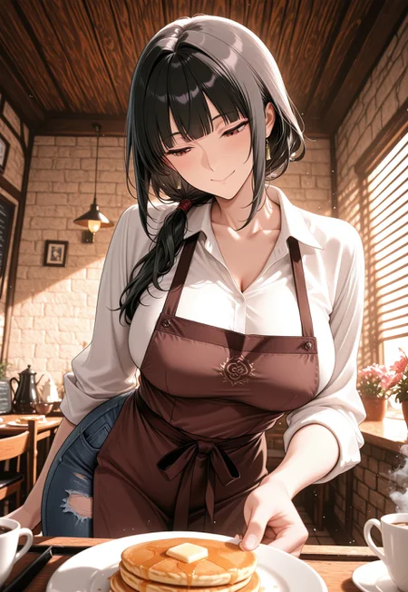 masterpiece,best quality,amazing quality,newest,absurdres,highres, newest,very awa, scenery, anime,
(dutch angle:1.4), cowboy shot,from side, side view,pov,from below,
1girl, beautiful face, perfect eyes, detailed eyes,(mature female),milf,
black hair,blunt bangs, side ponytail, low ponytail,
red eyes,looking at viewer,looking down, smile,happy, head tilt,
large breasts,collarbone, skindentation,(bra visible through clothes:0.8),
brown apron,white shirt, collared shirt, denim, detailed clothing, (torn pants:0.8),
coffee,pancake, plate, steam,latte art,
tray, (serving food:1.4),leaning to the side,
kissaten,japanses cafe,vintage,brick wall, potted flower, tile floor, wooden floor,chair,ceiling lamp,
sunset,light ray,dappled sunlight,ray tracing,dim lighting, light through blinds, glowing dust particles,off focus,off center,
volumetric light,blurry foreground,vignetting, (foreshortening:1.6),warm atmosphere, detailed background, colorful, vibrant colors, soft lighting, soft shading, shadow,
<lora:kissaten:0.5>,
<lora:GrownRuler_v0.2:1> ,<lora:Mature_Oily_Effect_v0.2:0.2>,