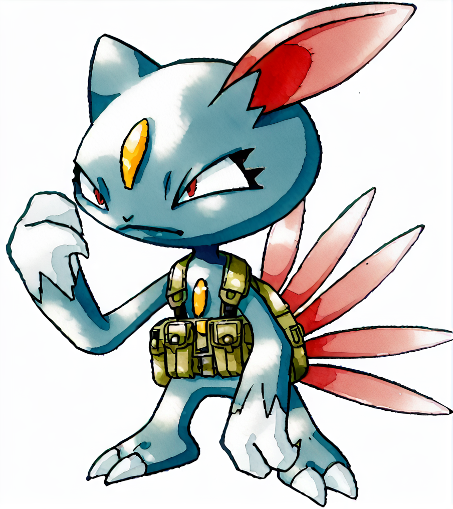 <lora:POKEMON_SNEASEL:1> sneasel, pokemon (creature), claws, forehead jewel, red eyes <lora:KenSugimoriPony:1> ken sugimori, watercolor \(medium\), tactical clothing