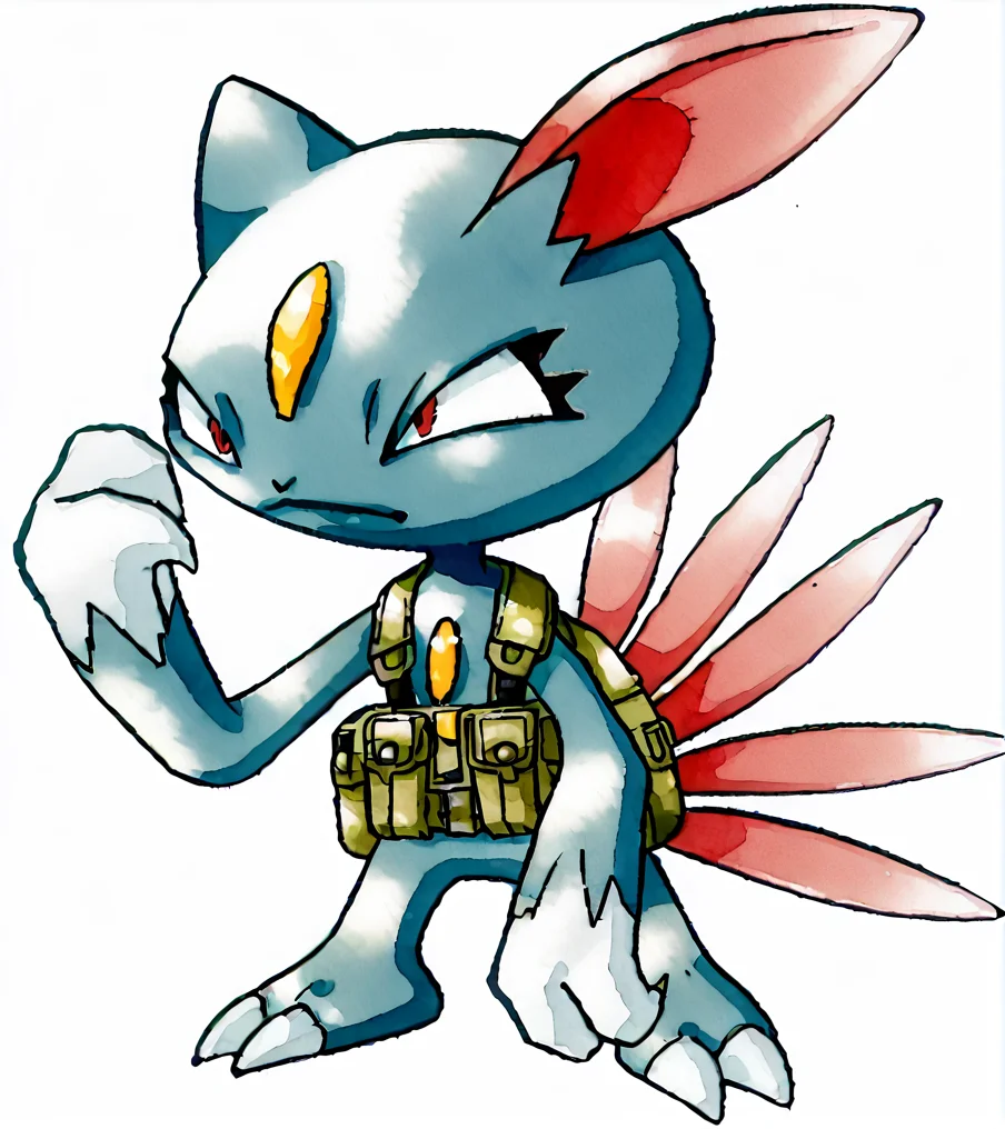 <lora:POKEMON_SNEASEL:1> sneasel, pokemon (creature), claws, forehead jewel, red eyes <lora:KenSugimoriPony:1> ken sugimori, watercolor \(medium\), tactical clothing