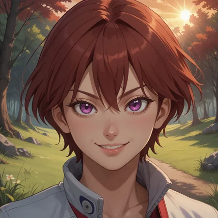 score_9, score_8, BREAK, solo, Fujieda Yoshino, red hair, short hair, purple eyes, anime screencap, Digimon savers, sexy pose, self portrait, smile, looking at viewer, outdoors, sunlight, shadows, evening lighting, natural lighting, forest, trees, grass, orange sky, sunset