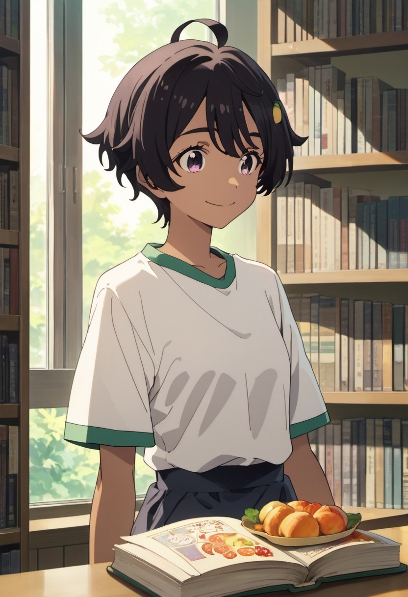 score_9, score_8_up, score_7_up, source_anime,yakishio remon, black hair, short hair, purple eyes, dark skin, dark-skinned female, food-themed hair ornament, hair ornament, solo, bookshelf, smile, shirt, ahoge, 1girl, anime coloring, indoors, book, closed mouth