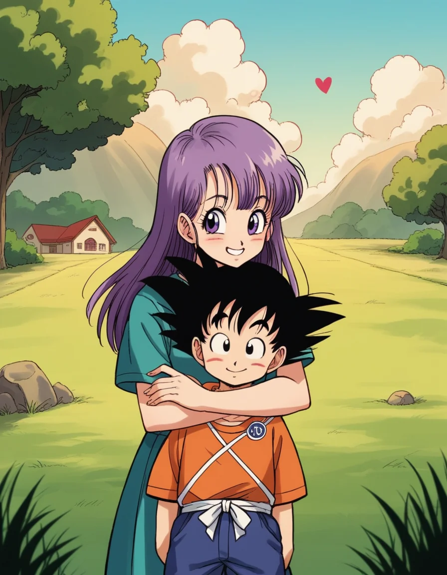 zPDXL, score_9, score_8_up, score_7_up, source_anime, 8k, absurdres, anime coloring, 1980s \(style\), retro artstyle,
<lora:4kira_v1-1:0.8> 4kira, son goku, black hair, black eyes, bulma, purple hair, purple eyes, multiple characters, 1girl, 1boy, outdoors, smiling, happy, hugging, cute, adorable, blush, heart, outdoors, mountain, sky, cloud, grass, bush, tree, looking at viewer,