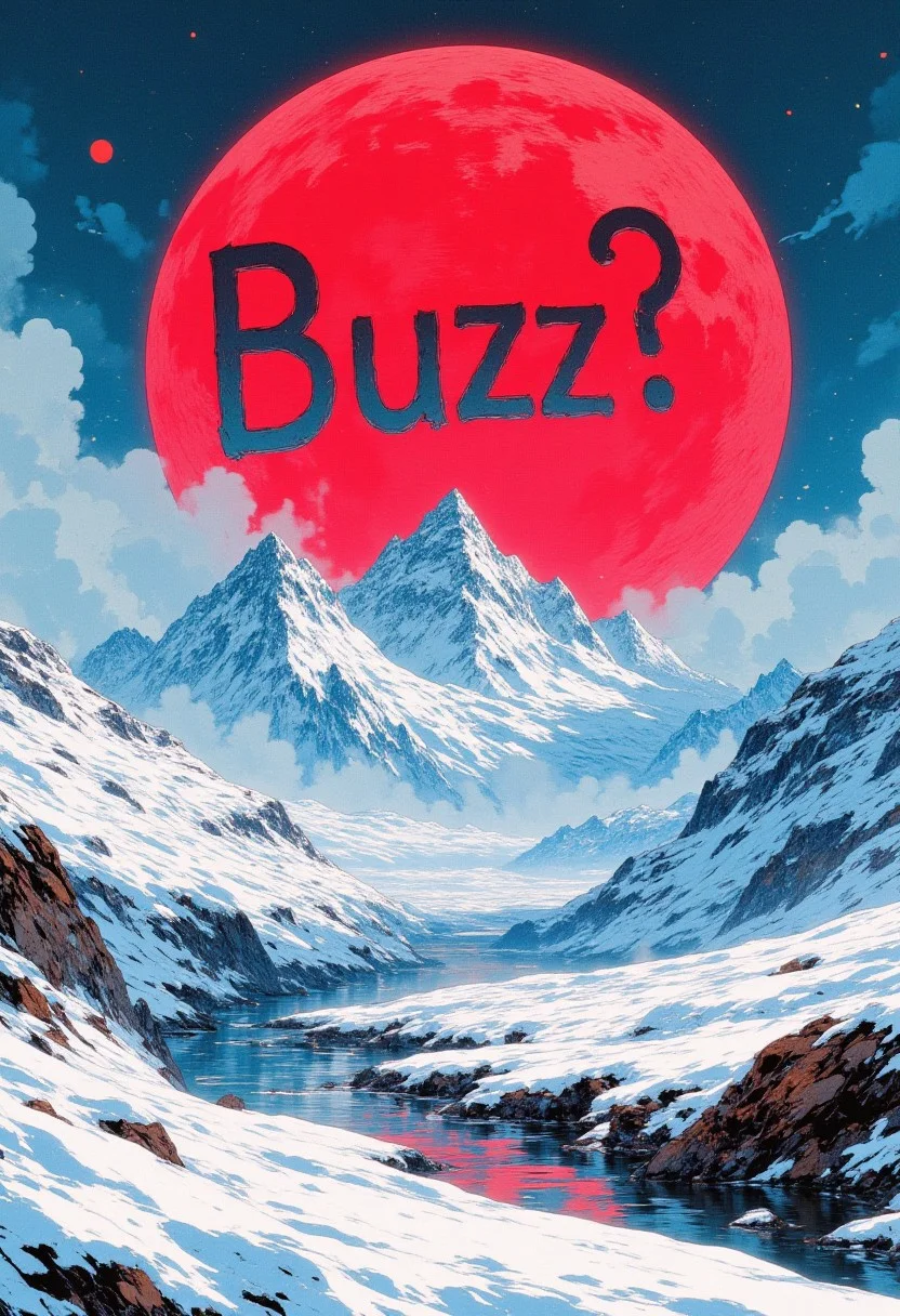 A giant crimson moon on the sky with the word "Buzz?" carved into it.
A beautiful white snowy mountain range and rivers below it, CAICO
