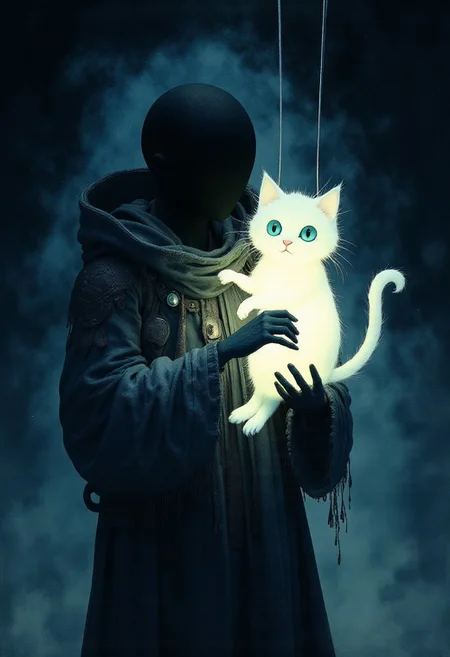 Studio Ghibli Dark Fairytale.A faceless void-black figure holding a pure white cat with striking blue eyes with pupper strings. The figure has no discernible features, appearing as a silhouette of absolute darkness, contrasting sharply with the soft, glowing white fur of the cat. The background is minimal or shadowy to emphasize the surreal contrast between the void figure and the luminous cat,Missing textures,(digtial 2d mixed into GLITCHY 3d), puppet , strings