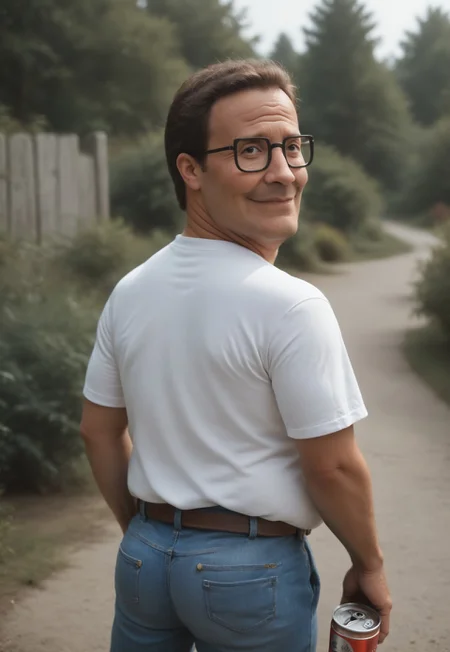 safe_pos, score_9, score_7_up BREAK male focus, hankhillpd, mature male, glasses, brown hair, white t-shirt, jeans, belt, holding can, outdoors, black eyes, light smile, looking back at viewer, from behind, small butt 