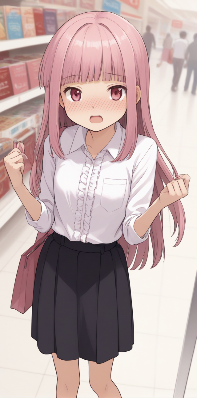 score_9, score_8_up, score_7_up, source_anime,
at shopping mall, 
from above, leaning forward, hands up,
<lora:tamakiiroha_01XLP:1>,
1girl, solo, tamakiiroha, long hair, ,pink hair, blunt bangs, sidelocks, pink eyes, 
white shirt, dress shirt, frilled shirt, collared shirt, black skirt, long skirt,
small breasts,
embarrassed, crossed eyes, nose blush, open mouth