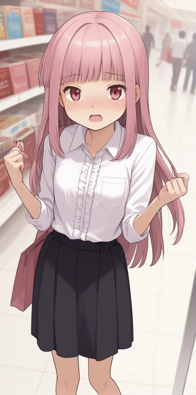 score_9, score_8_up, score_7_up, source_anime,
at shopping mall,
from above, leaning forward, hands up,
<lora:tamakiiroha_01XLP:1>,
1girl, solo, tamakiiroha, long hair, ,pink hair, blunt bangs, sidelocks, pink eyes,
white shirt, dress shirt, frilled shirt, collared shirt, black skirt, long skirt,
small breasts,
embarrassed, crossed eyes, nose blush, open mouth
