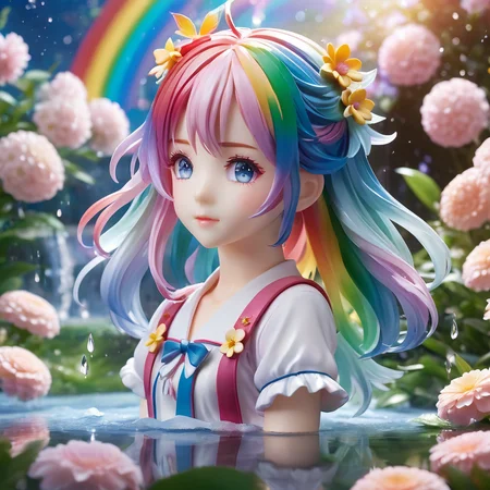 <lora:PVC:1>ï¼PVC figure,rendering,
8k Wallpaper,grand,(((masterpiece))), (((best quality))), ((ultra-detailed)), ((an extremely delicate and beautiful)),dynamic angle,rainbow hair,detailed cute anime face,((little girl)),(((masterpiece))),an extremely delicate and beautiful girl,flower,cry,water,flowers tire,
