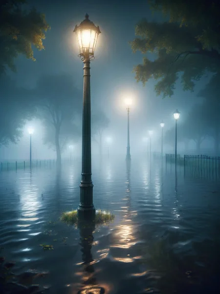 ais-fld a solitary lamppost in a foggy park at night <lora:Flooded_SDXL:1>