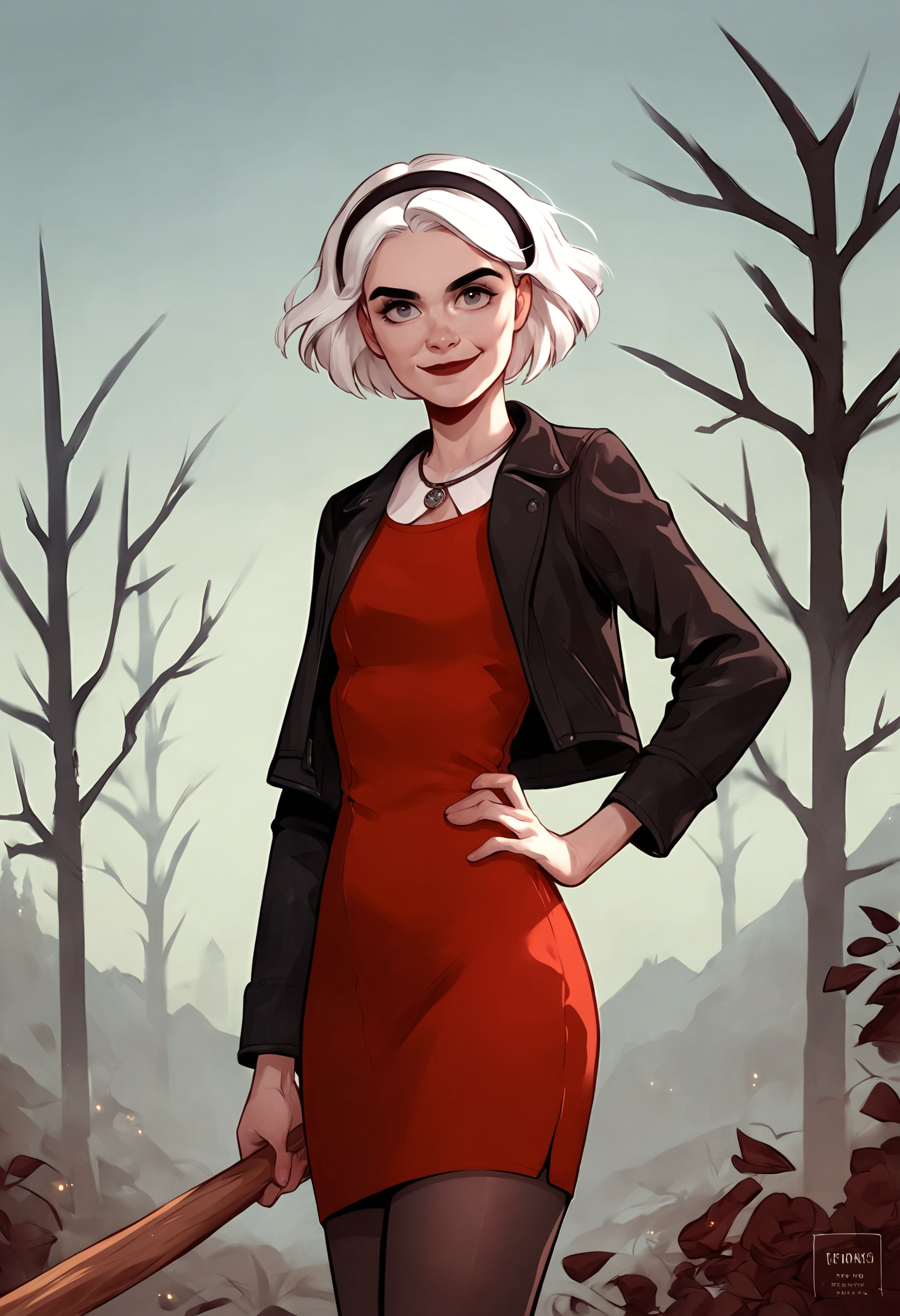 , score_9, score_8_up, score_7_up, score_6_up, score_5_up, score_4_up, looking at viewer, hand on own hip, cowboy shot, <lora:SabrinaPony1.1:1> sabrina, solo, 1girl, white hair, short hair, smile, looking at viewer, red dress, black hairband,outdoors, Sabrina, 1girl, solo, holding, jewelry, broom, white hair, hairband, short hair, black cat, pantyhose, necklace, smile, jacket, looking at viewer, sweater,