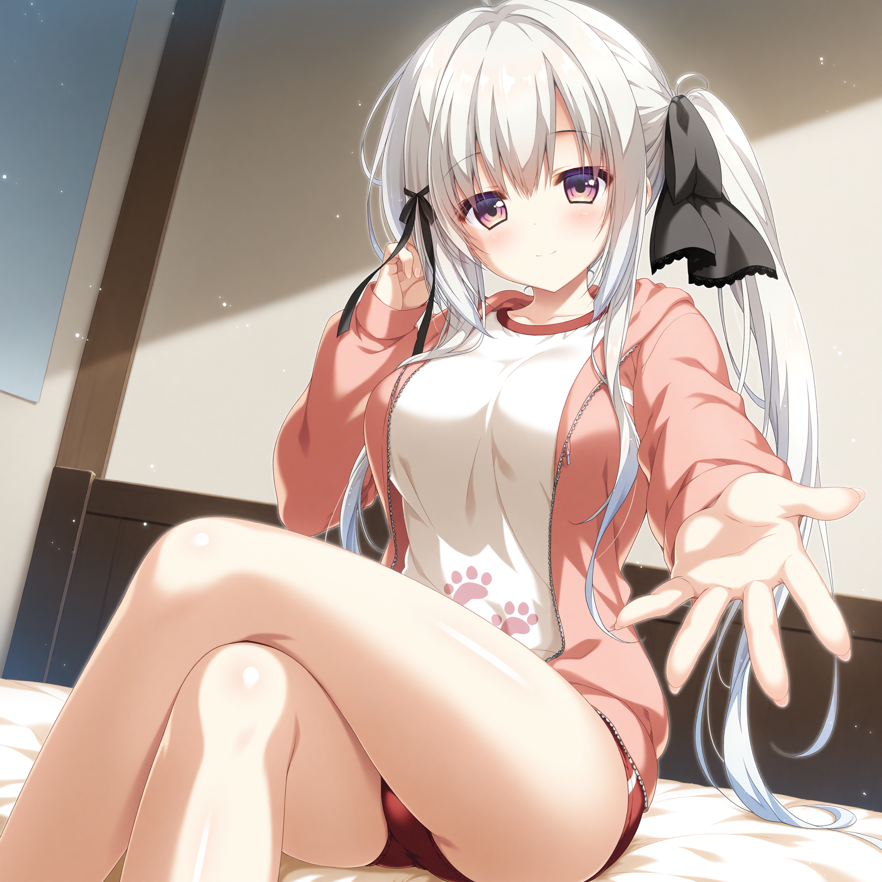 <lora:Mihama_Inori_1_nai-000043:1>,Mihama Inori,white hair,
hair ribbon,black ribbon,hair bow,black bow,side ponytail,paw print,white shirt,gym shirt,pink jacket,open jacket,long sleeves,hooded jacket,red buruma,
BREAK
1girl,solo,indoors,smile,looking at viewer,reaching towards viewer,outstretched arm,hand in own hair,sitting,on bed,crossed_legs,hand focus,