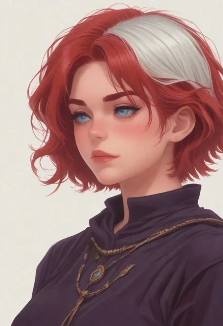 score_8_up, score_7_up, score_6_up, dnd <lora:dnd_flat:0.95> 1girl tiefling, portrait, short horns, RED skin <lora:Crude:0.6> (wizard clothes:1.2) , jewelry, short BOB hair, WHITE hair, close up, side view, RED HAIR
WHITE BACKGROUND