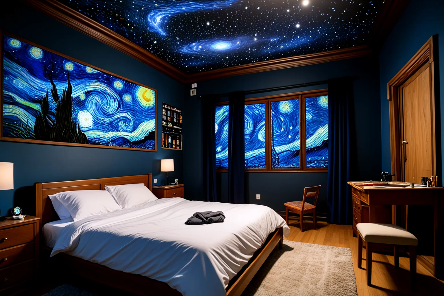 <lora:pytorch_lora_weights_361535:1>,no humans,no animals,A professional street photography of a Starry Night Bedroom, a nighttime-inspired room with a dark ceiling dotted with glow-in-the-dark stars, a single bed with constellation bedding, and a stargazing corner with a telescope and sky map posters.,, Masterpiece,best quality,realistic,HDR, 8K, masterpiece, best_quality, absurdres, ultra-detailed, highly_aesthetic, depth_of_field